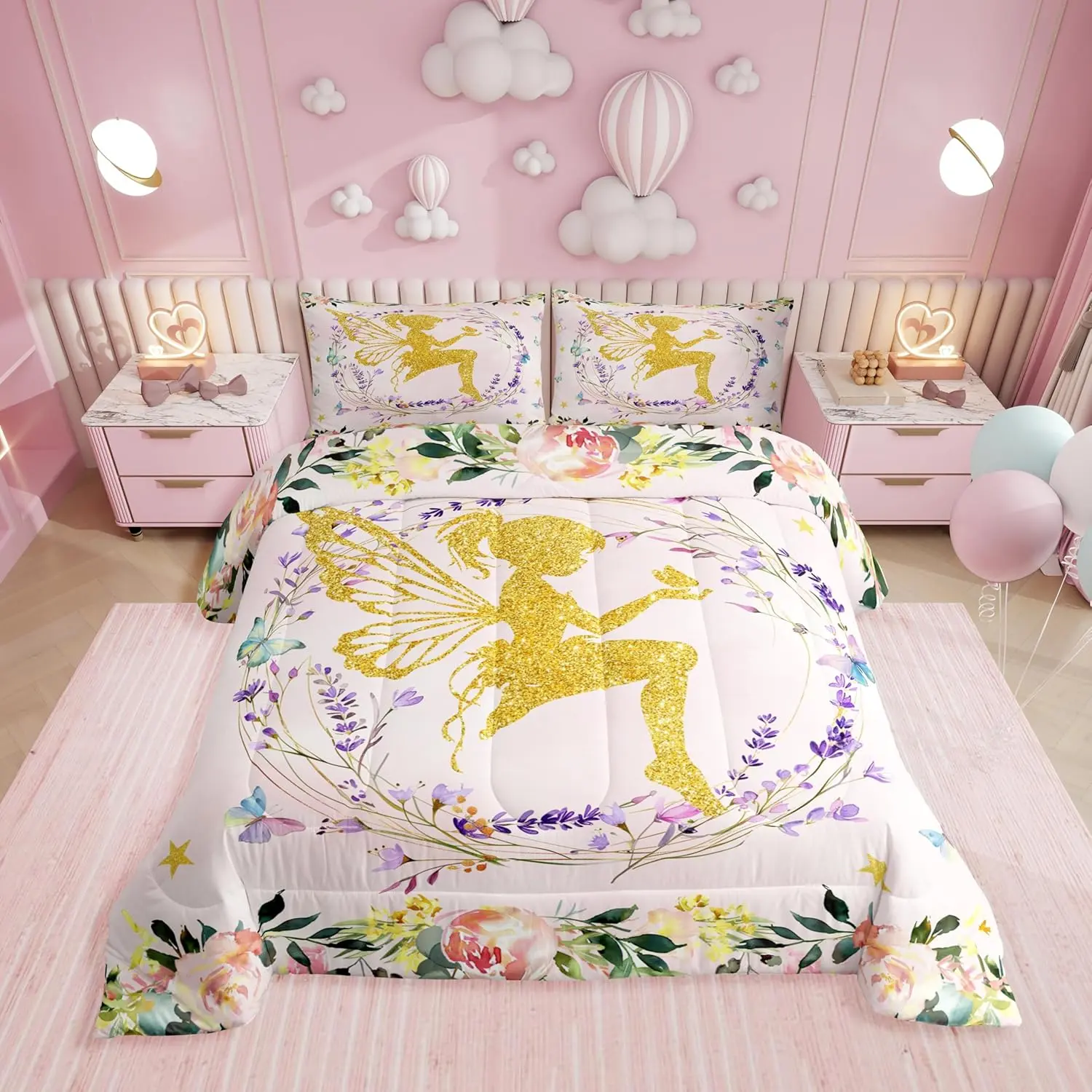 Dreamy Fairy Comforter Set,Fairy Garden Floral Bedding Sets Pink Flower Butterfly Quilt Bed Set,Sweet Princess Cute Bedroom Decor,1 Pillowcase Reversible