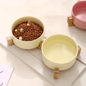 Ceramic Pet Bowl Set with Wooden Base, 1 Set Including 2 Counts Pet Feeding Bowl & 1 Count Rack, Pet Feeding Supplies for Dogs & Cats