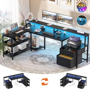 L Shaped Desk with Power Outlet, Reversible L Shaped Computer Desk with File Drawer & Monitor Stand, Gaming Desks with LED Strip, Home Office Desk with Storage Shelf