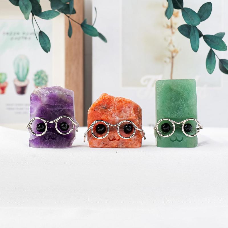 Random Color Natural Crystal Gemstone Pet Figurines with Glasses, 1/3/5 Counts DIY Handmade Crystal Carving Fengshui Sculptures, Pet Memorial Ornaments, Home Garden Decor Natural Crystal Set