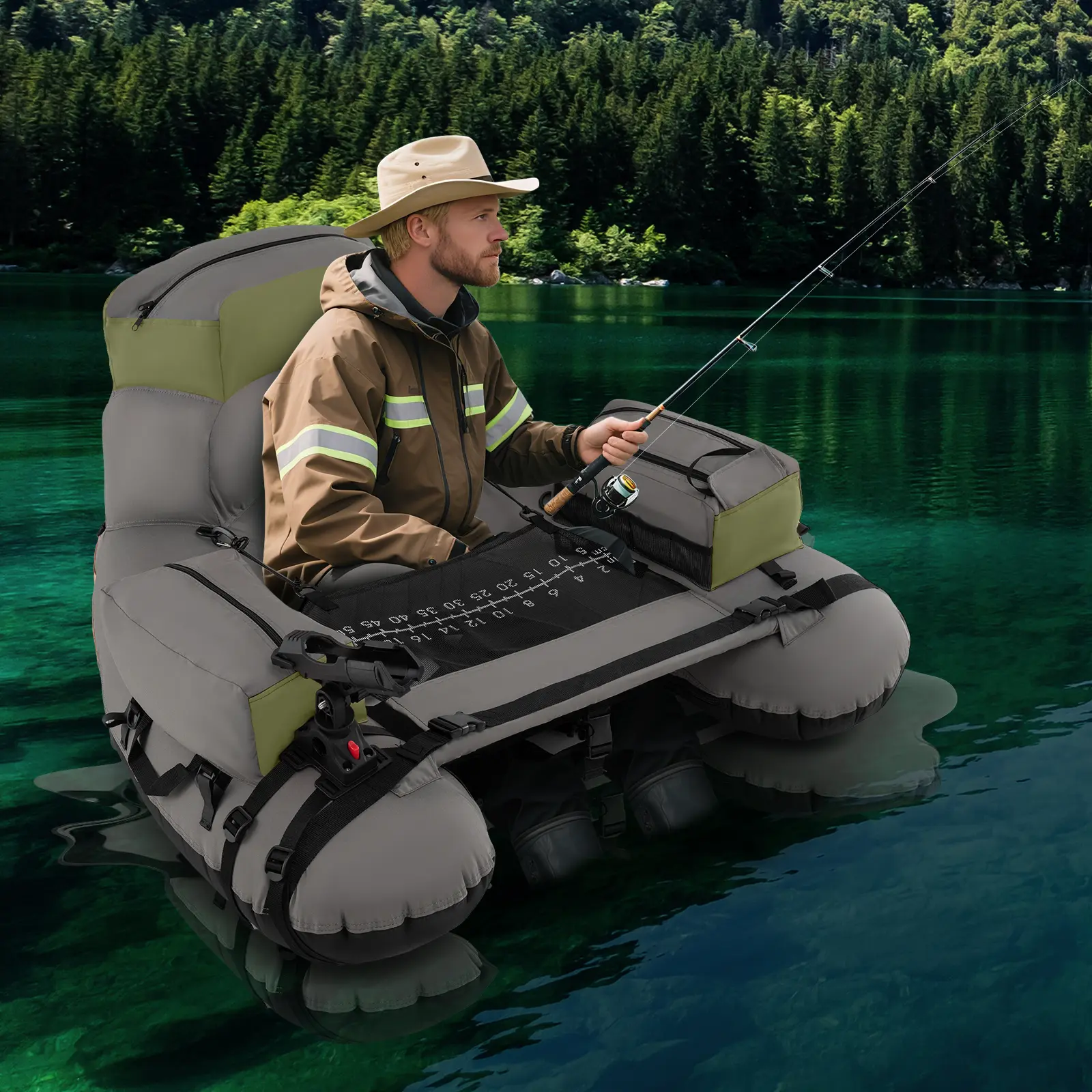 COSTWAY - Inflatable Fishing Float Tube with Shoulder Straps and Storage for Angling-Green
