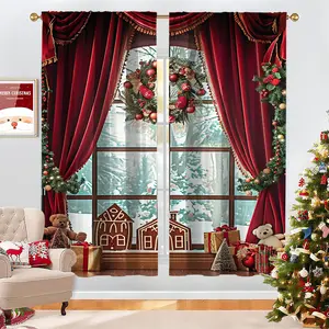 2PCS Christmas-Themed Brushed Fabric Digital Printing Curtains, Cozy Scene Design of Gingerbread House & Christmas Tree Decor on Window Sill with Red Curtains, Rod Pocket Installation, Semi-Transparent Polyester Material, Suitable for Living Rooms