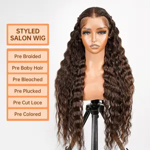 Wiggins Hair 28 Inch Dark Brown Stylist Wig Pre Braided Deep Wave 13x4 Lace Frontal Wig Human Hair Braided Wig Pre Cut Lace Beginners Glueless Wig