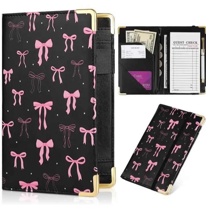 Server Book With Zipper Pockets PU Leather Waitress Guest Check Wallet W/ Pen Holder Fit Apron