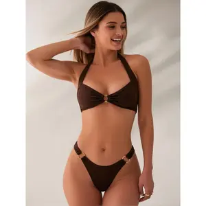 Women's Chocolate Brown Ribbed Bikini Set with Gold Ring Detail High Cut Swimwear TD-C202471-03swimsuitbikiniswimwearspringbreakswimsuithighwaistedbikini