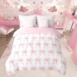 Bow 7 Pieces Comforter Sets,Boys Girls Pink Girls Bow Bedding Set,Cute Bowknot Bed in A Bag,with Comforter,Sheets,Pillowcases & Cushion Cover Breathable Soft Blanket Floral Quilt Set