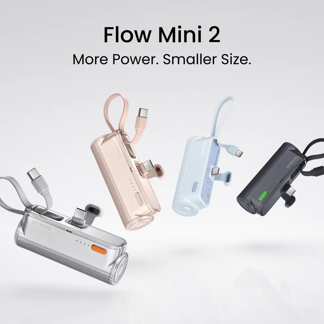 SHARGE Flow Mini 2 Power Bank with Built-in Cable – 22.5W Max Fast Charging for iPhone, Galaxy, Google & More
