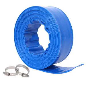 1.5 Inch Heavy Duty Blue Reinforced PVC Lay Flat Pool Backwash Hose, 90PSI Leak-Proof Water Discharge Hose with 2 Metal Clamps, All-Season Flexible Drainage Hose for Pool Filter Pump, Sewage, Agricultural & Construction Use