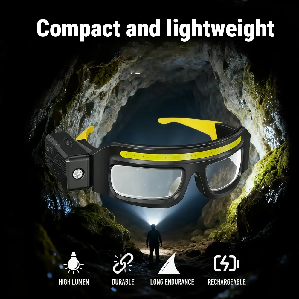 COB LED Flashlight Headlamp for Adults - Cordless, Portable, High-Brightness, Multi-Function Rechargeable Light with Eyewear Fit, 5 Modes, Type-C Charging Cable, Auto On Motion Sensor, Adjustable Angle, Switch Button for Outdoor Activities