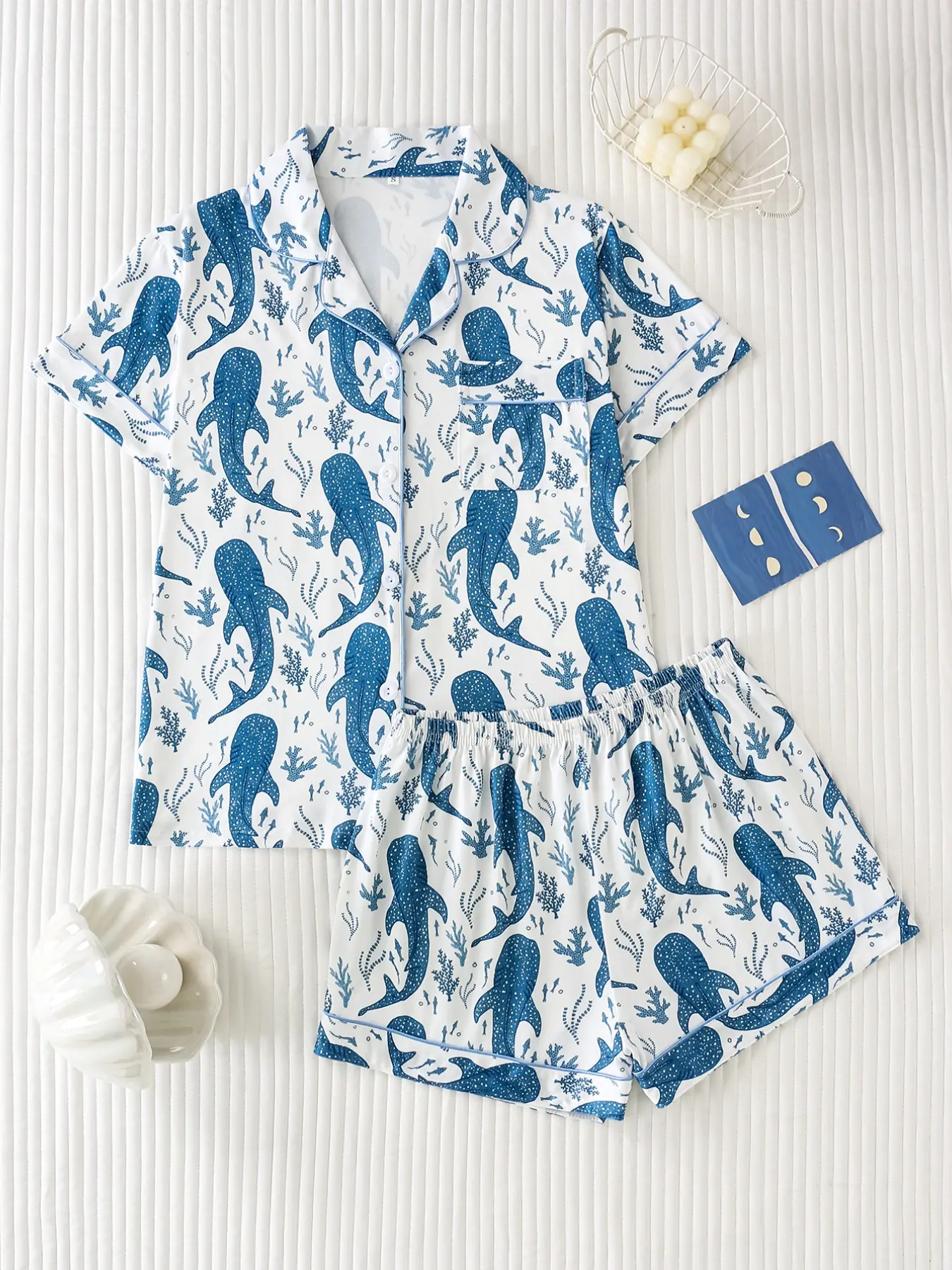 Two-Piece Ocean Whale Shark Print Women's Pajama Set, Pyjamas, Loungewear, Nightwear, Soft Satin Fabric, Comfortable Loose Fit, Elegant Button Front, Short Sleeve Top and Shorts