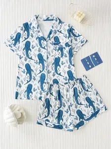 Two-Piece Ocean Whale Shark Print Women's Pajama Set, Soft Satin Fabric, Comfortable Loose Fit, Elegant Button Front, Short Sleeve Top and Shorts