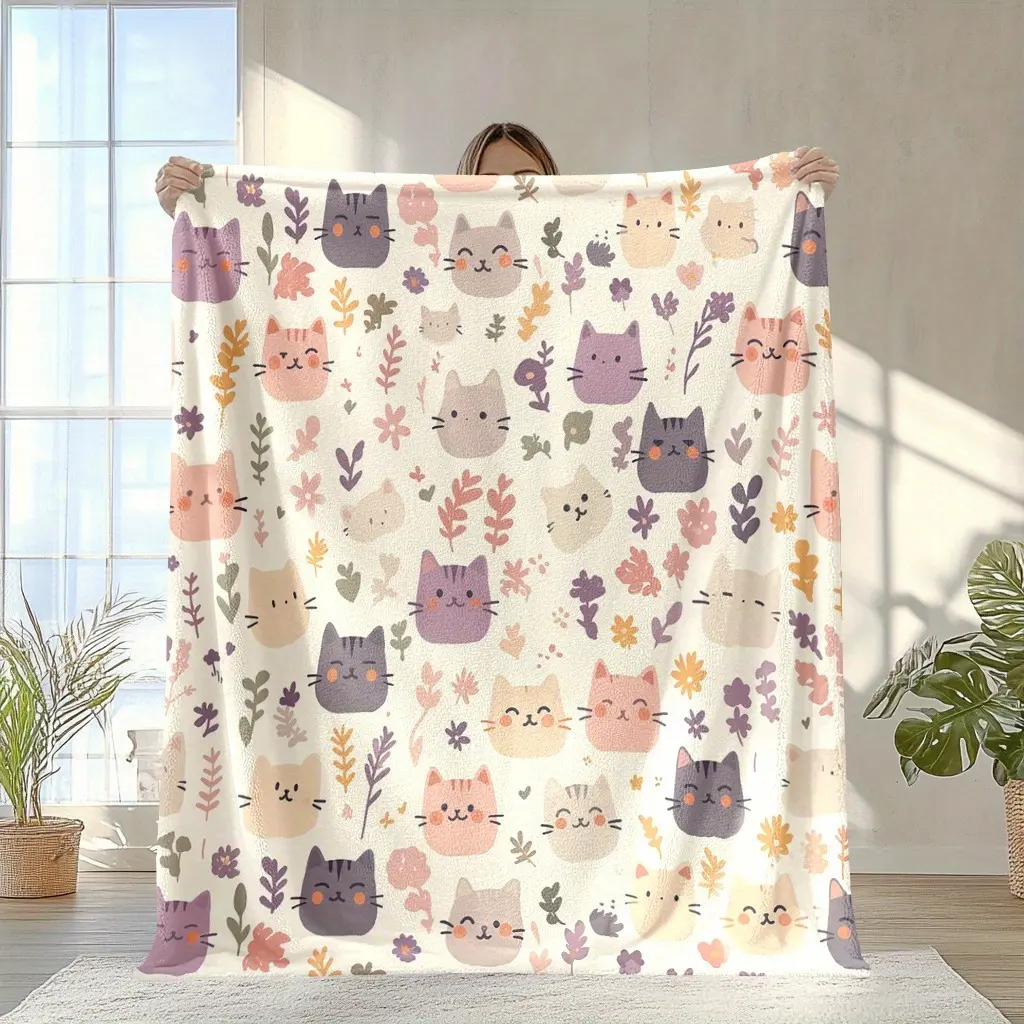 Boho Kitten Theme Flannel Throw Blanket - Cute Floral Print, Soft Cozy Warm Fuzzy Flannel Fabric, Multi-Size for Bedroom Sofa, Perfect Gift for Cat Owners Home Decor, Flannel Throw Blankets