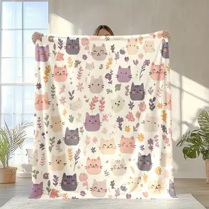 Boho Kitten Theme Flannel Throw Blanket - Cute Floral Print, Soft Cozy Warm Fuzzy Flannel Fabric, Multi-Size for Bedroom Sofa, Perfect Gift for Cat Owners Home Decor, Flannel Throw Blankets