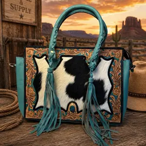 Western Style Handbag with Cowhide Design and Fringe