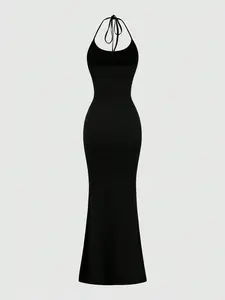 Women's Sexy Long Dress, Casual Sleeveless Fitted Plain Design, Comfortable Chic Trendy City Youth Travel Wear, Versatile Vintage Style
