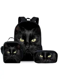 Black cat pattern printed 17-inch backpack three-piece set (single-layer backpack + shoulder strap lunch bag + single-layer pencil bag)
