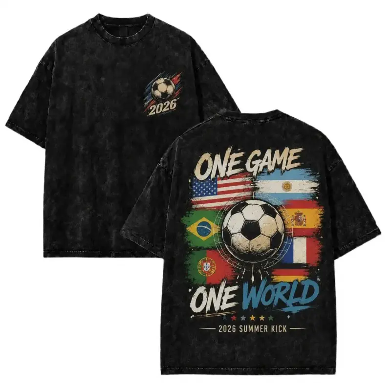 “One Game One World” vintage washed soccer fan graphic T-shirt (2026 global football shirt), gift for international sports lovers, Father’s Day gift, oversized T-shirt for men
