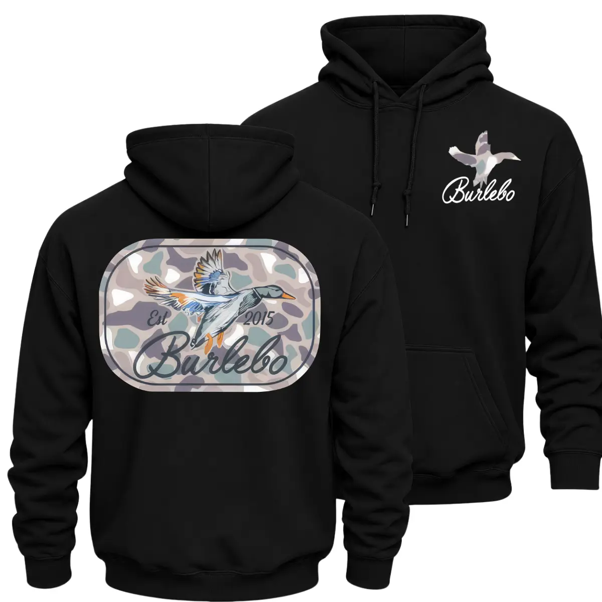 Duck Hunting Hoodie, Est 2015 Flying Mallard Camo Graphic Pullover, Front Chest Logo and Large Back Print Waterfowl Hunter Apparel, Classic Southern Outdoor Sportsman Hoodie Gift for Men and Women