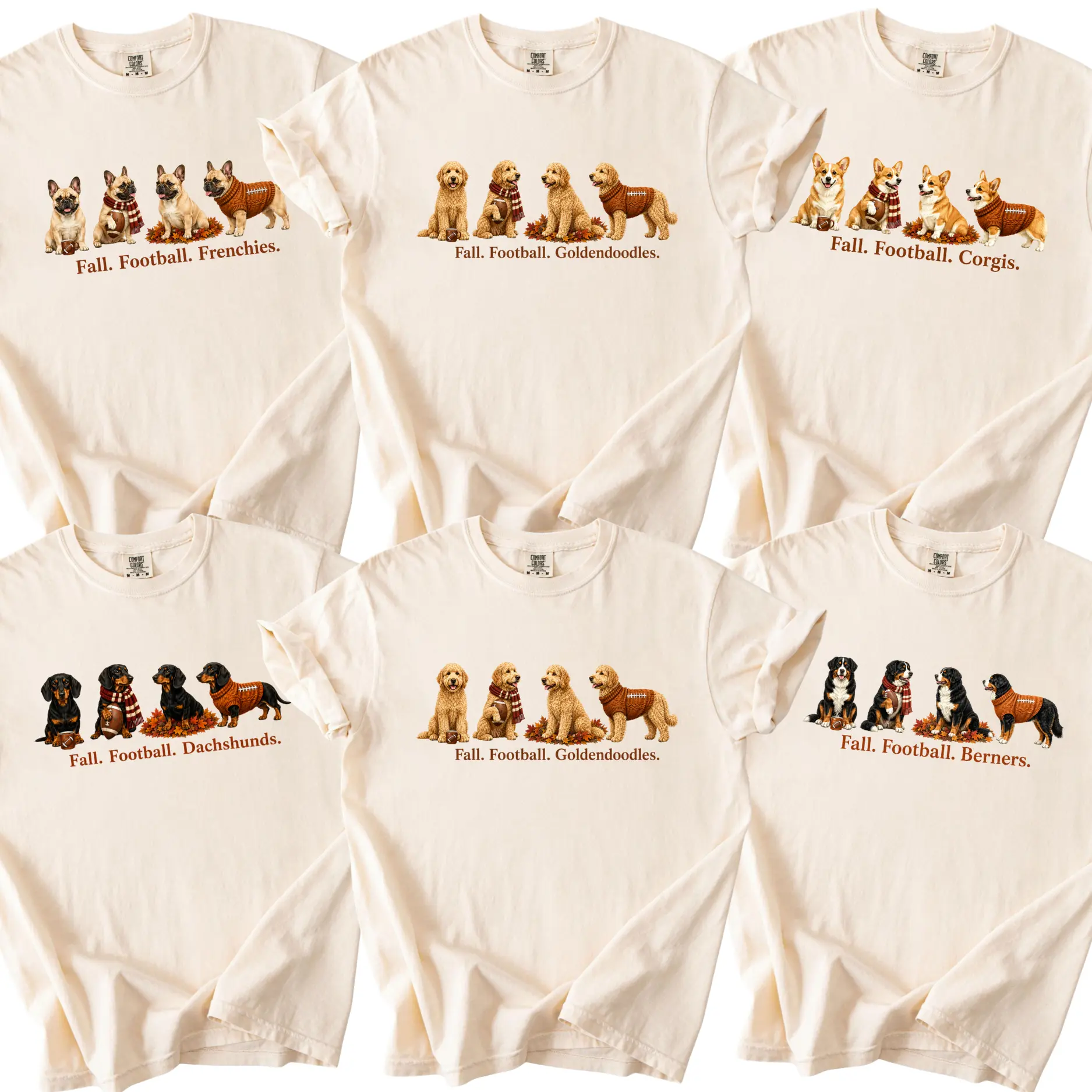 Comfort Colors Custom 50+ Dog Breeds Football Shirt, Personalized Fall Football Puppy Tee, Game Day T-Shirt for Dog Mom, Dog Dad and Pet Lovers , Ivory Color - AL