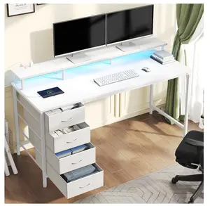 40-Inch Computer Desk with Power Outlets and LED Lights, Gaming Desk with 4 Drawers and Monitor Stand for Small Spaces, White