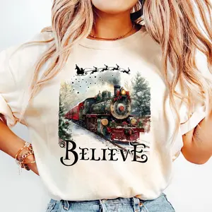 Believe Train Christmas Shirt, Polar Express Inspired Tee, Holiday Train T-Shirt, Christmas Spirit Graphic Tee, Festive Red Xmas Shirt A3W
