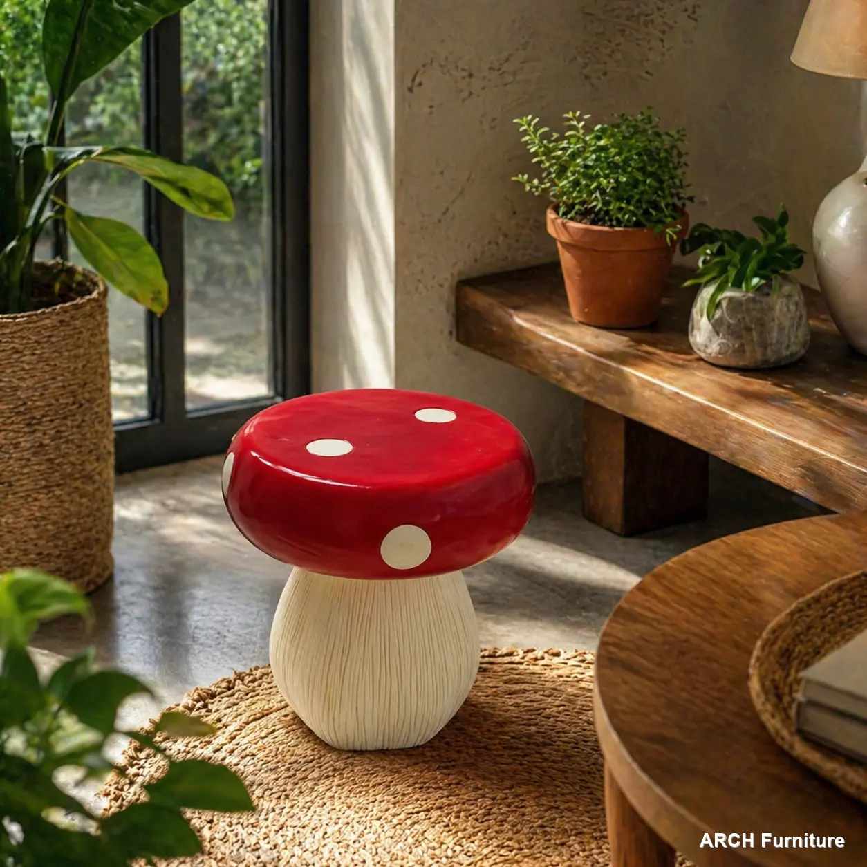 13.8" Oversized Resin Mushroom Statue Stool with Forest Base, Multi-Purpose Garden Decor Stool for Courtyard, Indoor & Outdoor Furniture Use, Outdoor Yard Decor