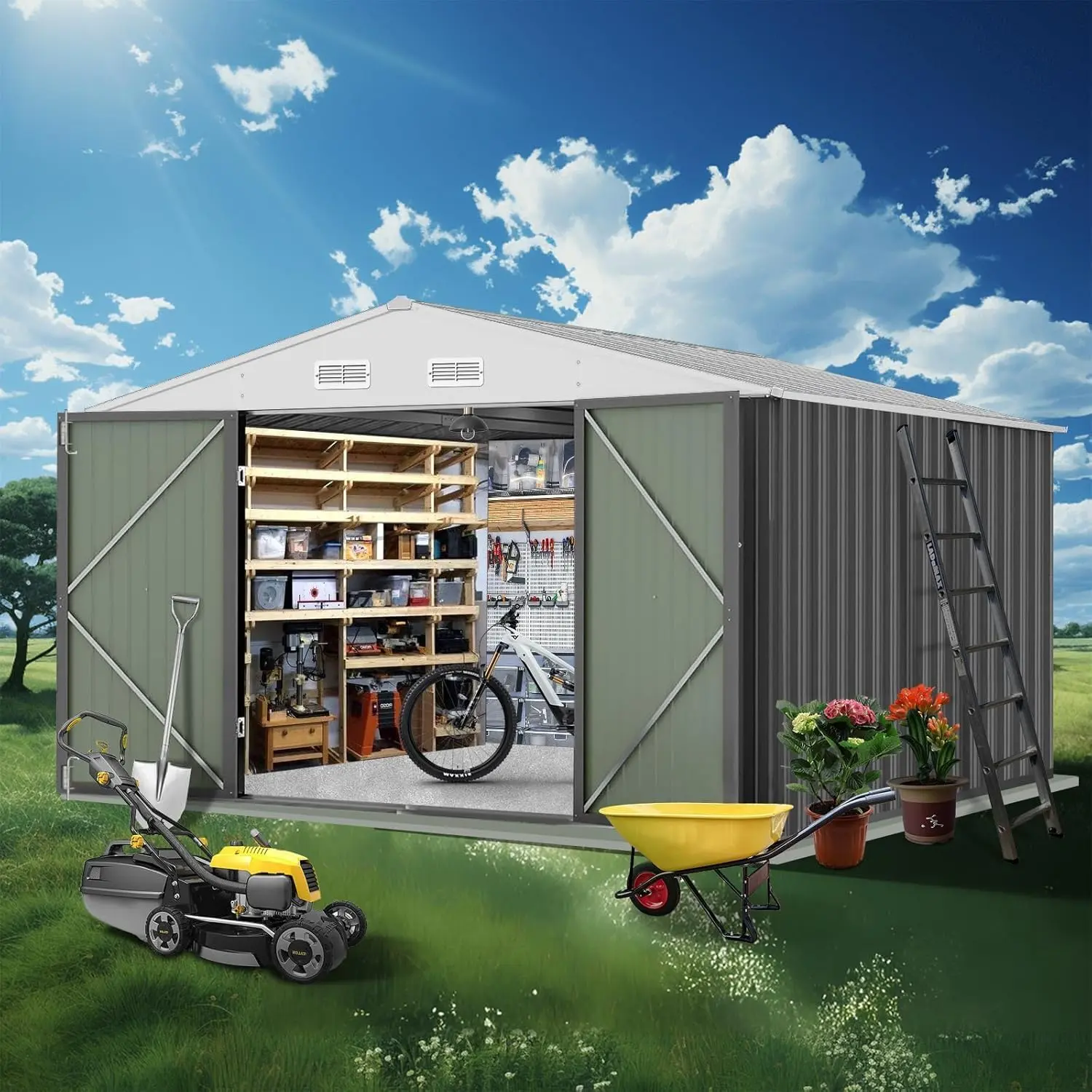 12x10 FT Grey Galvanized Steel Storage Shed, Waterproof Metal Garden Building with Updated Frame, Lockable Double Door & Sloped Roof for Backyard Outdoor Storage, Metal Shed Garden Buildings
