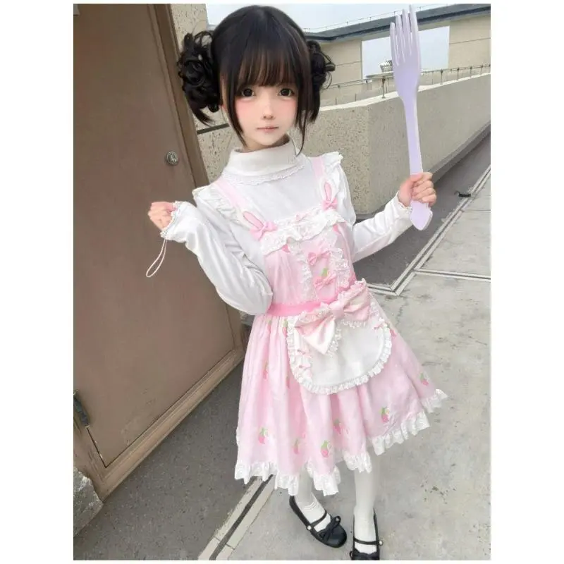 Japanese Kawaii Lolita Style Dress Women Sweet Bunny Ear Lace Bow Strawberry with Apron Strap Dresses Girls Y2k Party Mini Dress