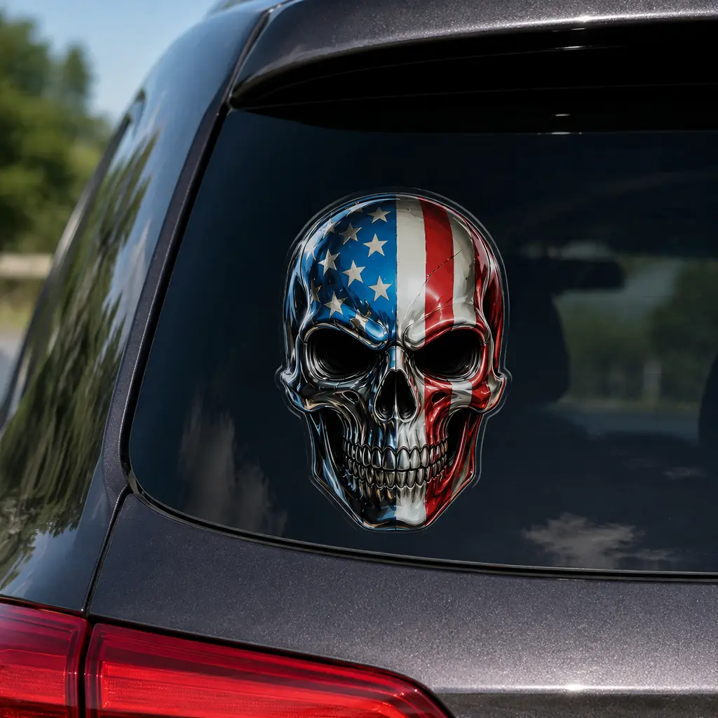 Patriotic Skull Car Sticker - American Flag Design, Metallic PVC Material, Chrome Look Decoration for Cars/SUVs, Vehicles, Smooth Exterior Surfaces, Graphics Decal Car Stickers