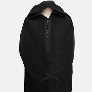 Men's Moroccan Wool Blend Black Hooded Long Sleeve Thobe Jubba Djellaba