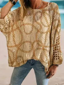 Elegant Women's Chain Print Long Sleeve Knit Top, Vacation Batwing Sleeve Sweater, Loose-Fitting Knitted Shirt