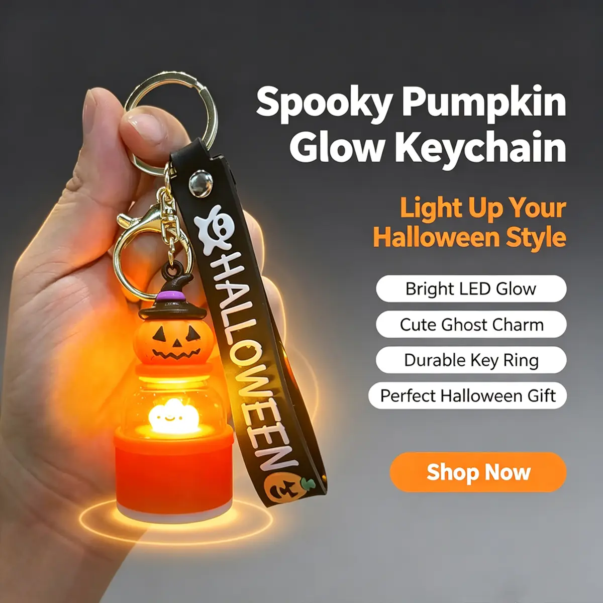 Halloween LED Glow Keychain Lamp - Pumpkin Ghost Design Unisex Key Ring, Portable Durable Mini Accessory, Festive Season Gift for Friends