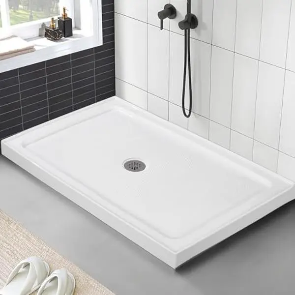 GARVEE 32 * 48'' Shower Base with Single Threshold Rectangular Left Drain Location Shower Base in Glossy White, Acrylic Shower Pan with Black Stainess Steel Cover