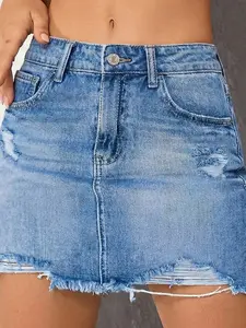 Women's Light Blue Washed Ripped Frayed Hem Denim Mini Skirt, Y2K Casual Streetwear, Summer Fashion, 1 Piece