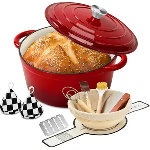 Enameled Cast Iron Dutch Oven with Lid -6.5 QT, incl. Sourdough Bread-Baking Supplies like Banneton Proofing Basket, Heavy Duty Cookware Bread-Oven for Baking, Stews, and Roasting, Cherry Red