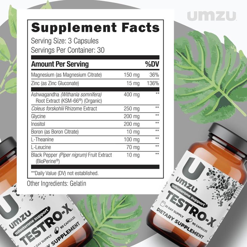 UMZU Testro-X – Male Testosterone Support with KSM-66 Ashwagandha, Magnesium, Zinc & More, Energy, Strength & Stamina Support, 90 Count