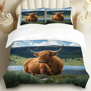 3PCS Duvet Cover Set, 1 Duvet+2 Pillowcases(Without filler), Highland Cow Nature Scenic Calm Rustic theme, Christmas bedding set, animal print Suitable for decoration bedroom, guest room, country house, vacation home.