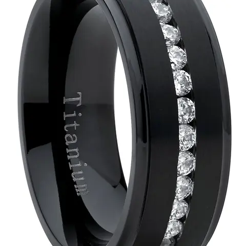 Men's 1.5 ct Cubic Zirconia Black Titanium 8mm Comfort-Fit Eternity Band - Contoured Interior, Complimentary Jewelry Ring Gift Box, Band Rings, Men's Wedding Jewelry Gift