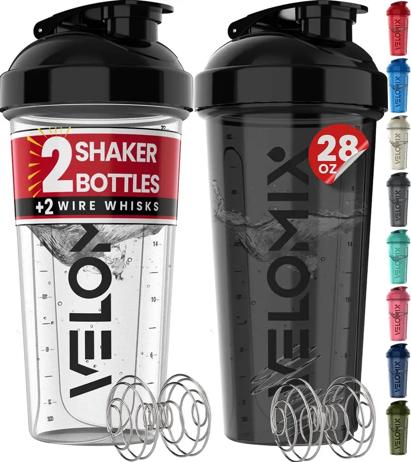 -2 Pack- 28 Oz Protein Shaker Bottles for Protein Mixes - 2X Wire Whisk | Leak Proof Shaker Cups for Protein Shakes | Protein Shaker Bottle Pack (Black/Transparent) VELOMIX