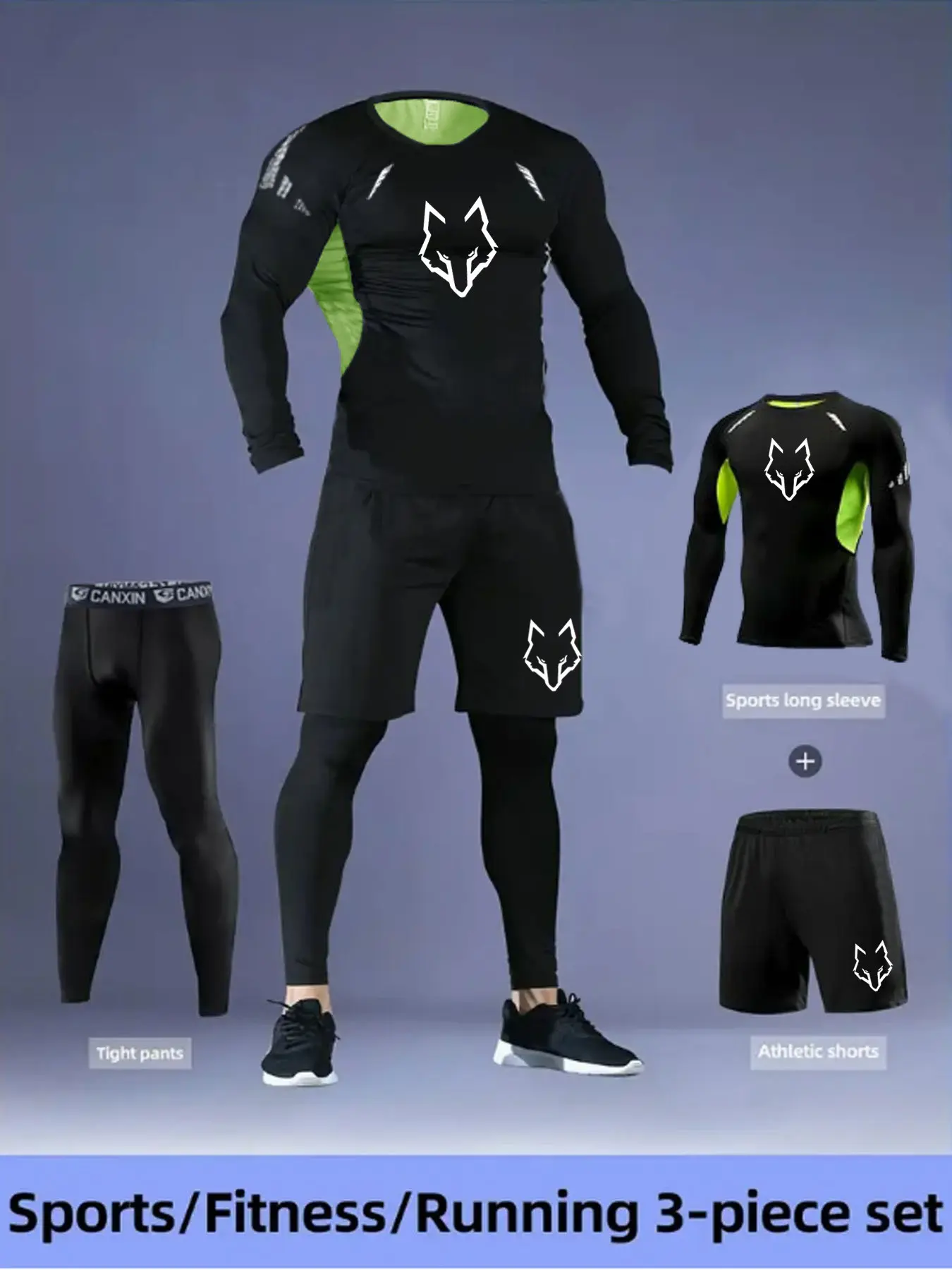 Men's 3-Piece Compression Set, Activewear Running Outfits, Wolf Logo, Long Sleeve Top and Pants, Breathable Elastic Fabric, Ideal for Gym, Running, Cycling Training, Sports Wear Set