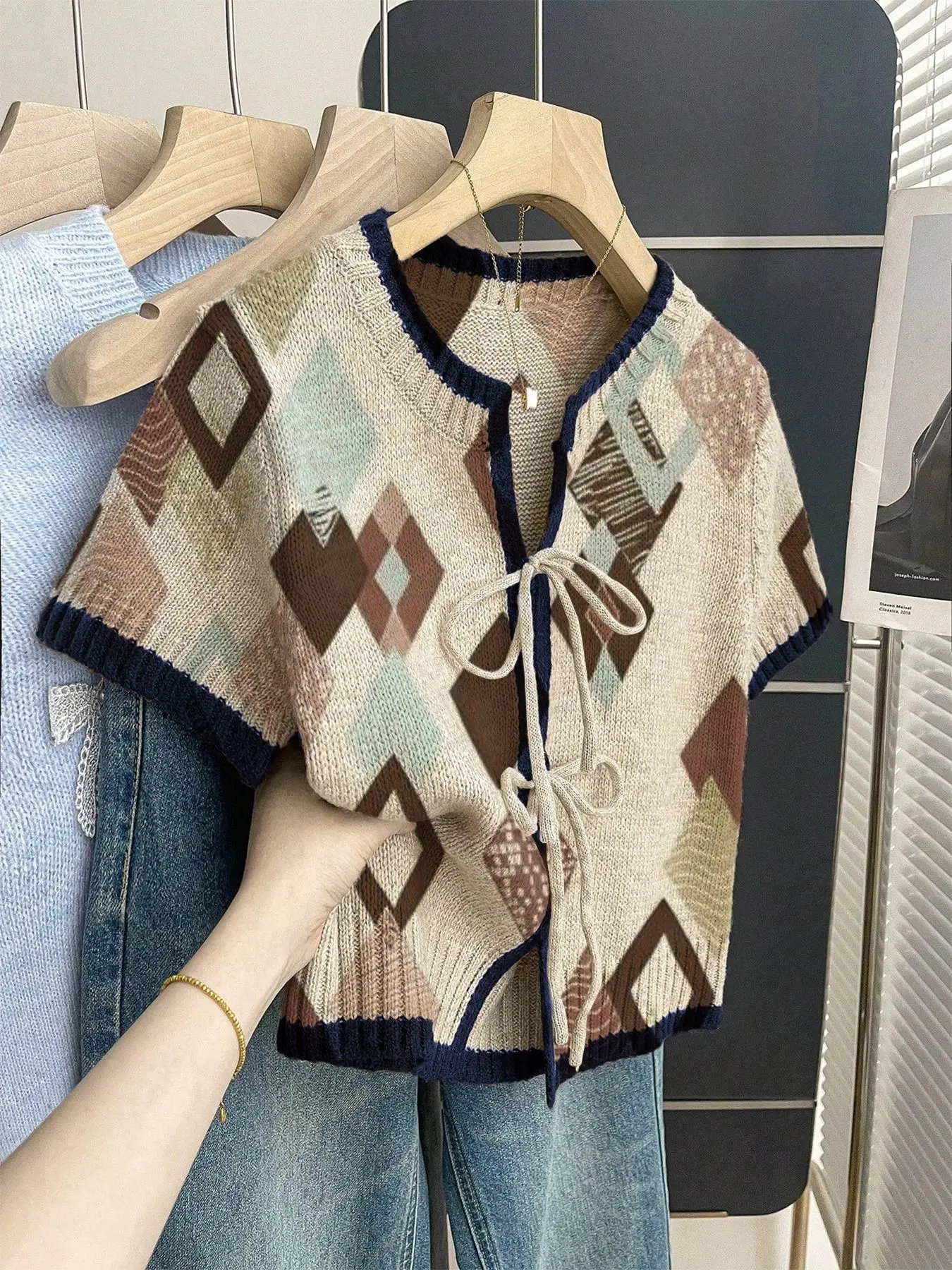 Boho Casual Vacation Ethnic Style Loose Fit Knitwear Sweater, Round Neck Colorblock Geometric Print Short Sleeve, Front Tie Design, Women's Spring Summer Top Light Knit Sweater