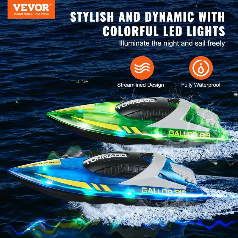 VEVOR 2-Pack RC Speed Boat, 2.4GHz 12km/h Racing Boat with 1200mAh 4 Rechargeable Batteries (80 Min Run Time), 50m Range, LED Light, Waterproof, Dual Motors, Auto Power-Off, for Pools & Lakes, Back-to-School Gift for Kids 6–8 Years, Blue