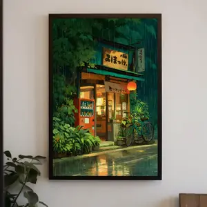 Anime style street cafe scene wall art print for home decor