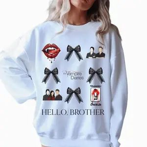 Vampire Diaries Sweatshirt, TVD Sweatshirt, Hello Brother, Black Coquette Bows, Salvatore Brothers Sweatshirt D9F