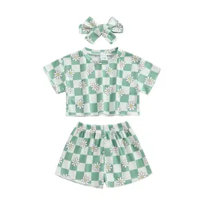 Toddler Girl Clothes 6M 12M 18M 24M 3T 4T Baby Girls Outfits Summer Floral Checkerboard Print Shirt+Shorts+Headband 3pcs Baby Clothing