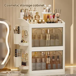 33cm*24.5cm Desktop Storage Cabinet, Transparent Double Door, Cosmetics & Dolls Organizer, Space-Saving, Durable Plastic, Style