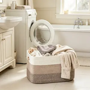 Large Laundry Basket, Rectangular Woven Storage Basket, Cotton Rope Basket for Living Room, Clothes Storage Basket with Handle - Gradient Brown