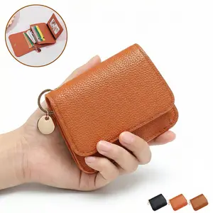 [Mother's Day Gift] Women's Genuine Leather Mini Compact Wallet, RFID Blocking Credit Card Holder, Business Card Case with Chain