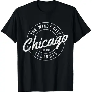 Chicago Est 1848 Illinois The Windy City Souvenir Gift T Shirt Small for Men Women Unisex Summer Casual Short Sleeve Top