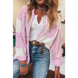 Pink Leopard Striped Patchwork Button-up Shirt Shacket